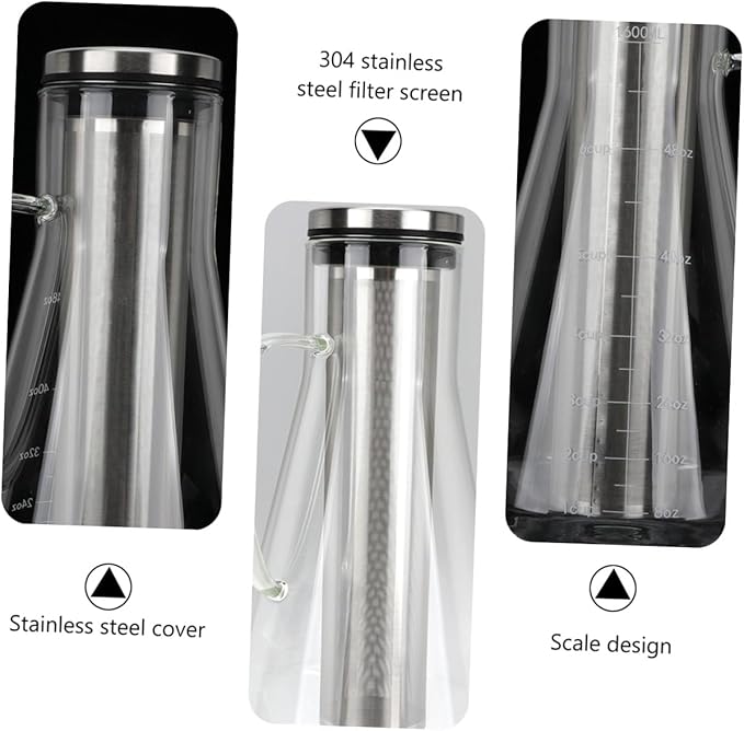 Large Capacity 1600ml Cold Brew Coffee Maker with Borosilicate Glass and Stainless Steel Filter Iced Coffee Pot for Home Brewing Sturdy with Measurement Scale