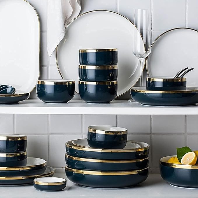 Elegant Dinnerware Set Dinner Plates Bowls Set Color Ink Dinnerware Sets European Classical Ceramic Plate And Bowl Sets Modern Creative Dishware Sets Electroplated Gil22Pcs