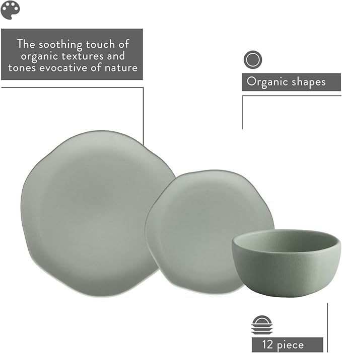 Corona Olivo ceramic dinnerware Set 12–piece Plates and Bowls Sets for 4 organic shape light green.