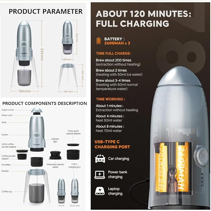 Portable Espresso Machine 19 Bar Mini Coffee Maker Self-Heating Electric Espresso Maker Recharging Travel Coffee Maker Hot and Cold All in One Coffee Maker for Travel Hiking Home Silver