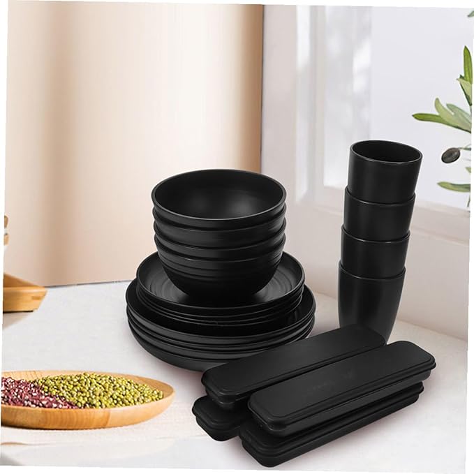 20pcs Black Dinnerware Set for 4 Persons Includes Cutlery Bowls Plates Cups Portable Food Bowl and Picnic Camping Utensils for Travel and Outdoor Use