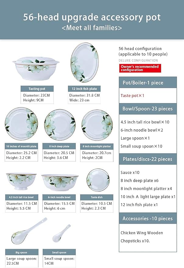 Dinner Sets for 10Bone China Porcelain Dinner SetJingdezhen Flowers Pattern Tableware Set Bowls and Plates-56 Pcs (Style 2)