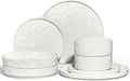 E-far 8-Piece Plates and Bowls Sets with Pasta Bowls - Stoneware Dinnerware Set for 2 Modern Ribbed Speckled White Dishes Microwave &amp Dishwasher Safe