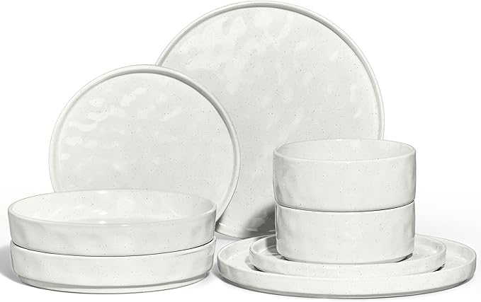 E-far 8-Piece Plates and Bowls Sets with Pasta Bowls - Stoneware Dinnerware Set for 2 Modern Ribbed Speckled White Dishes Microwave &amp Dishwasher Safe
