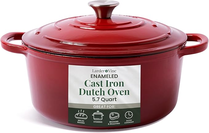 Larder &amp Vine Enameled Cast Iron Dutch Oven Pot with Lid | Bread Baking | Compatible on All Cooktops &amp Oven Safe to 500° F | Great for Sourdough Bread | Cabernet