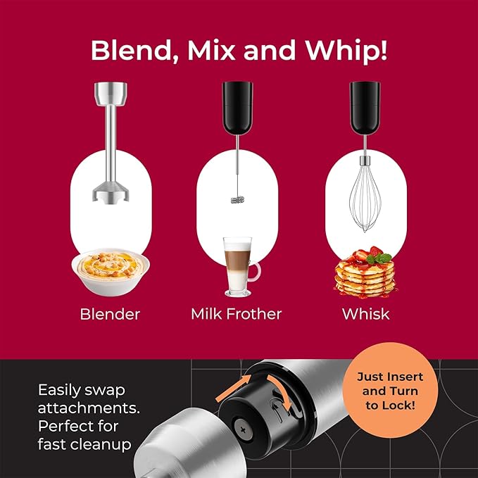MuellerLiving Ultra-Stick Immersion Hand Blender 500W Heavy Duty Motor 8-Speed Turbo Setting Includes Blending Shaft Whisk Milk Frother &amp Measuring Beaker