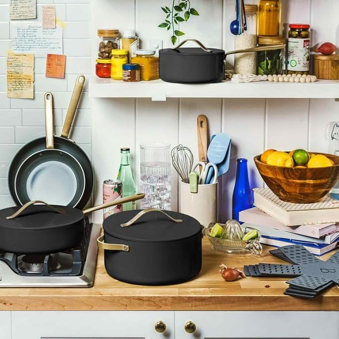 Black Sesame Full 12-Piece Non-Toxic Non-Stick Ceramic Cookware Set | Oven safe up to 500°F | NOT Made With Forever Chemicals | Drew Barrymore (Black Sesame)