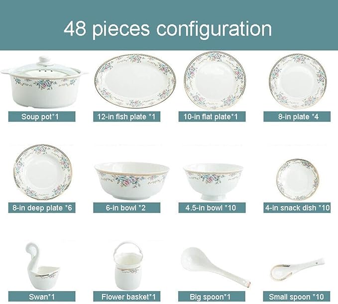 Porcelain Dinnerware Sets Plates and Bowls Sets 48 Pieces Ceramics Dinner Sets Bowl/Dish/Soup Pot/Spoon|Dinnerware Set Floral Pattern Combi