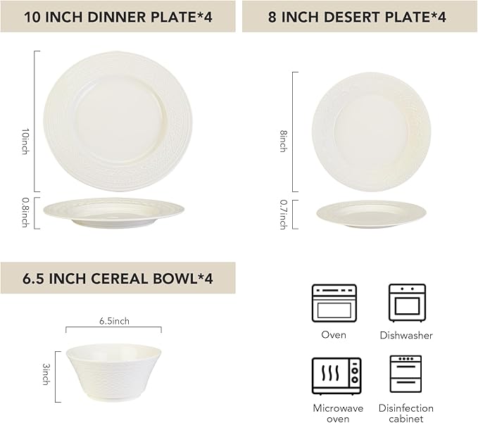 12-Piece White Ceramic Dinnerware Set - Relief Series Service for 4 Includes Bowls &amp 8''/9.6'' Plates Glossy Finish