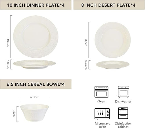 12-Piece White Ceramic Dinnerware Set - Relief Series Service for 4 Includes Bowls &amp 8''/9.6'' Plates Glossy Finish