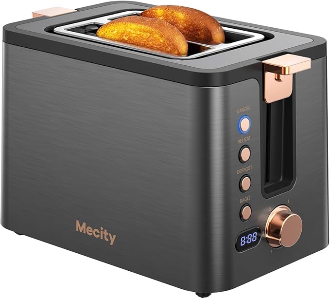 Mecity Toaster 2 Slice Stainless Steel Body Timer Bagel/Defrost/Reheat/Cancel FunctionsWarming Rack Removable Tray 6 Browning Settings Extra Wide Slots Bread Toaster 120V 800W Grey