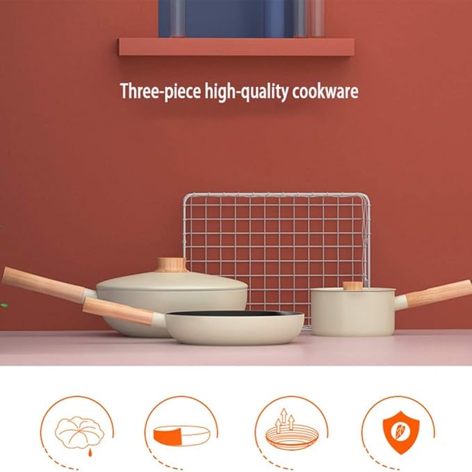 Cookware Set Flat-Beneath Non-Stick Pan with Lid Wooden Handle Aluminum Three-Piece Set Suitable for Gas Stove and Induction Cooker Easy to Clean Pot Set
