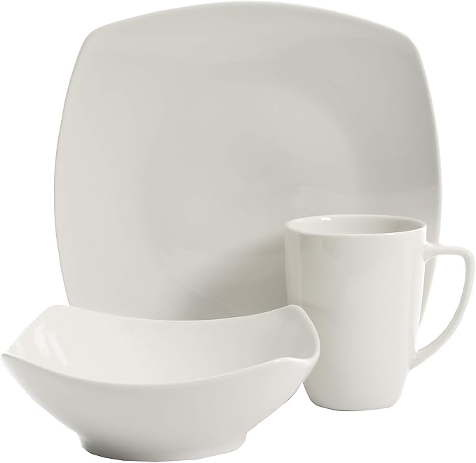 Gibson Home Amelia Court Porcelain Chip and Scratch Resistant Dinnerware set Service for 4 (12pcs) White (Soft Square)