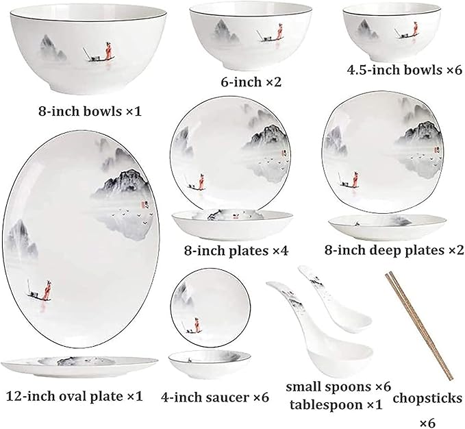 Dinnerware Sets for 4/6/12Black and White Plates Bowls SetChinese Dinner SetDish Set/tableware Ancient Ink Painting Design-for HomeKitchen Dinning35 Pieces