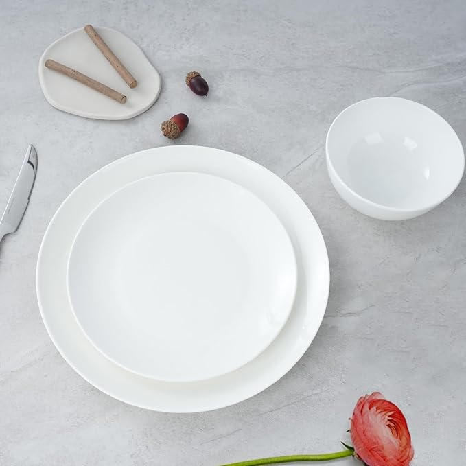 Jasmine Bone China Dinnerware Set 16 Pieces Service for 4 White Plates Dishes Bowls Set Microwave and Dishwasher Safe