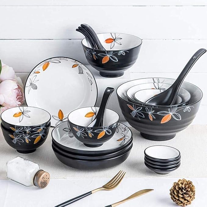 Dinner Plates Pottery Tableware 20 Pieces Black Porcelain Dinner Set with Flower Pattern Ceramic Dinnerware Service for 6 People