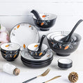 Dinner Plates Pottery Tableware 20 Pieces Black Porcelain Dinner Set with Flower Pattern Ceramic Dinnerware Service for 6 People
