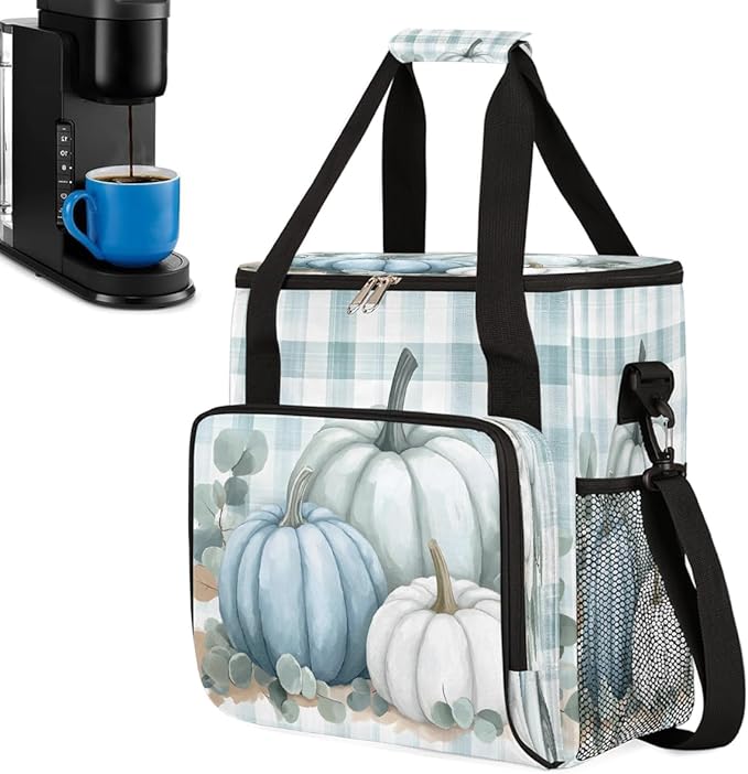 White Pumpkin Stripes Coffee Maker Carring Bag Travel Carrying Storage Tote Bag Compatible with Keurig K-Mini or K-Mini Plus Portable Single Serve Coffee Brewer Case with Pockets for K-cup Pods