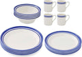 Portmeirion Potter's Stripe 16-Piece Dinnerware Set - Blue Rimmed Plates Bowls &amp Mugs Earthenware Tableware for Coastal Casual Dining - Microwave Freezer &amp Dishwasher Safe Service for 4