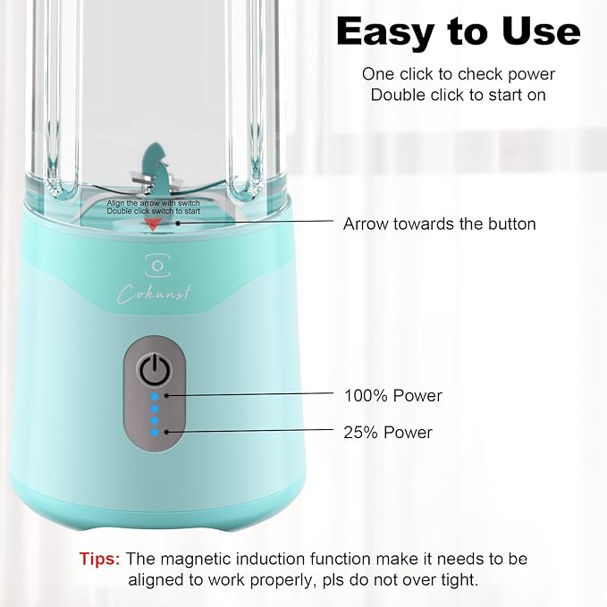 COKUNST 18oz Portable Blender USB Rechargeable Personal Size Blenders Smoothie Blender with 6 Blades for Protein &amp Shakes Mini juicer with Extra Handle Lid for Travel Sports Outgoing Green