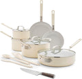 GreenPan x Bobby Flay 13 Piece Cookware Pots and Pans Set and 8 Chef's Knife. PFAS &amp PFOA-Free Ceramic Nonstick Induction Suitable Stay-Cool Silicone Handle Dishwasher &amp Oven Safe Cream