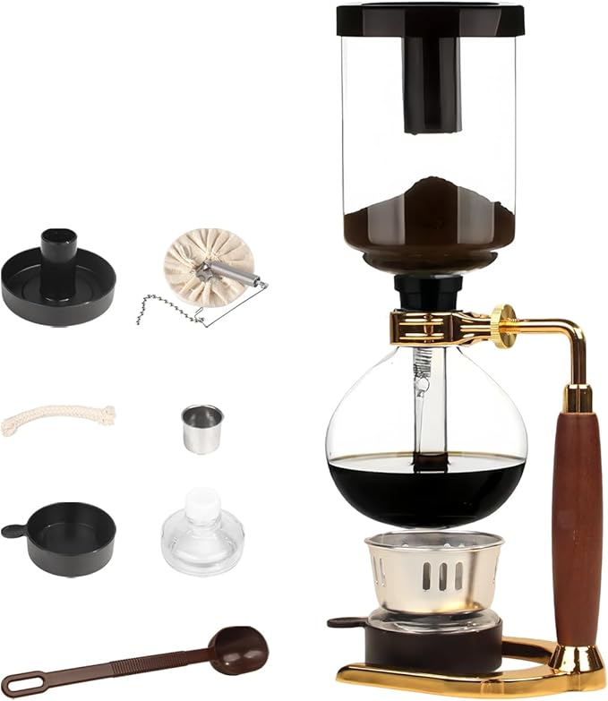 Siphon Coffee Maker Heat-Resistant Glass Vacuum Coffee Brewer 5-Cup (600ml) with Alcohol Burner Adjustable Buffer Clamp Stainless Steel Bracket Base for Coffee Aficionados