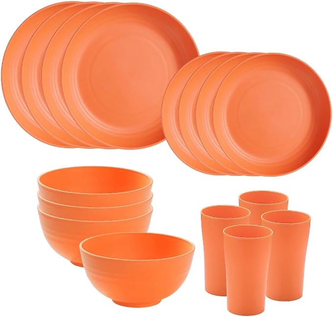 Dinnerware Sets Non Breakable Service for 4 Round Minimalist Matte Dishes Cups for Party Home RV Outdoor Camping Kitchen Orange