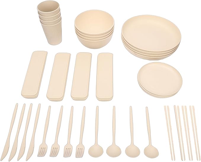 Dinnerware Sets Unbreakable Plates Bowls Cups Reusable for 4 People Travel Camping Picnic Home Party Cutlery Set Dishwasher Microwave Safe Dishes Ideal for