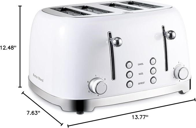 Roter Mond 4 Slice Toaster Retro Stainless Steel with Bagel Defrost Cancel Function 6 Browning Settings Extre Wide Slot and Removable Crumb Tray White ST033