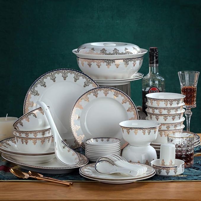 Ceramics Dinnerware Set with 46 PiecesBowl/Dish/Soup Pot/Spoon|Dinner SetsEuropean Gold Pattern Porcelain Combination Set