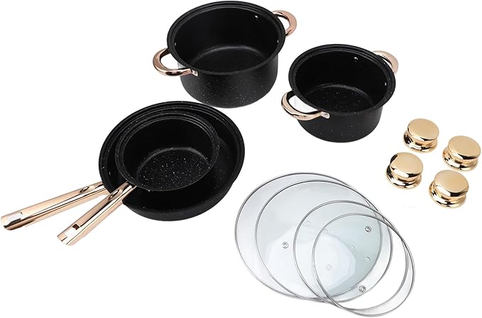 Stainless Steel Cookware Set with Maifan Stone Coating Stick and Good Heat Conductivity Includes Frying Pan Milk Pan and Soup Pots with Glass Lids Ideal for Cooking and Dec