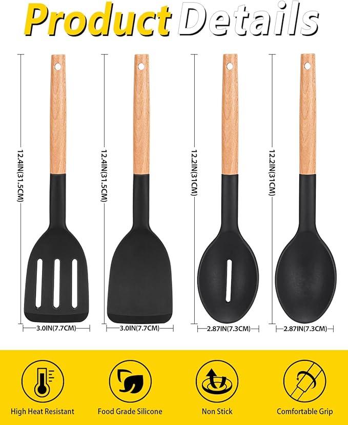Pack of 4 Silicone Cooking Utensils Set Non Stick Solid Spatulas and Heat Resistant Slotted Spoons with Wooden Handle Ideal Wood Kitchen Utensils Set for FryingServingTurningStirring (BLACK)