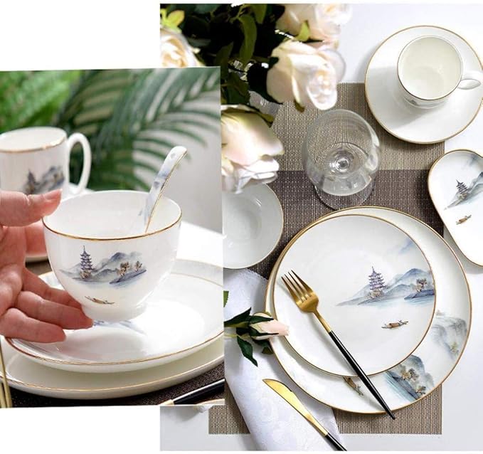 Pottery Tableware8 Pieces Landscape Painting Porcelain Dinnerware Set Ceramic Plate Combination Sets Dinner Plate Dessert Plate Bowl and Mug