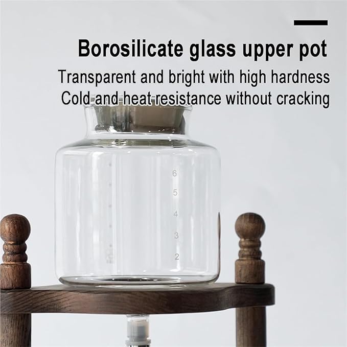 Solid Wood Ice Drip Coffee Pot 600ml High Borosilicate Glass Cold Brew Maker Ice Cold Brew Dripper Coffee Maker 4~6 Servings Drip Pot W/Adjustable Valve Stainless Steel Stopper for Cafes