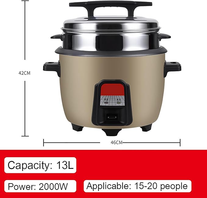 Rice Cooker/Commercial Large Capacity Rice Cooker with Food Steamer/Non-Stick Inner Potfor Restaurant/Hotel/Canteen/Construction Site Rice CookerOne Color-13L-2000W