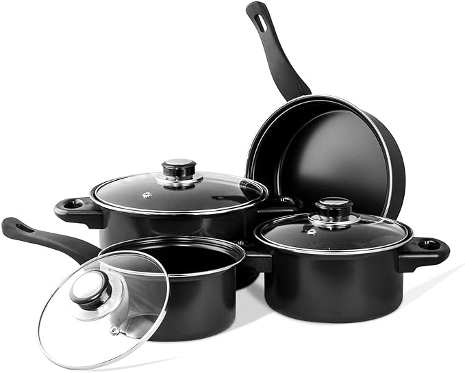 Imperial Home 7 Pc Carbon Steel Nonstick Cookware Set Pots &amp Pans Set Dishwasher Safe Cookware Set Cooking Set Kitchen Essentials (Black)