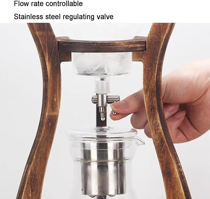 Wooden Support Drip Coffee Maker 800ML/27OZ Iced Coffee Brewer Maker with Stainless Steel Filter &amp Durable Glass Adjustable Water Flow Dripper 6-8 Cup Capacity Suit for Coffee Tea