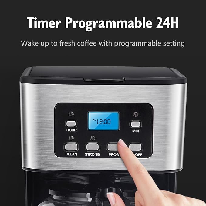 Taylor Swoden 12-Cup Programmable Coffee Maker Regular &amp Strong Brew Drip Coffee Machine for Home and Office Glass Carafe Pause &amp Serve Auto Shut Off Black &amp Stainless Steel