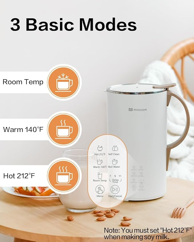 OK MOKKOM Automatic Nut Milk Maker 20 oz Soy Milk Maker Homemade Almond Oat Coconut Soy Plant-Based Milk Dairy Free Beverages Almond Milk Maker with Delay Start/Boild Water/Self Clean - White