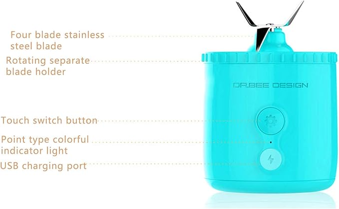 Portable Blender 500ML USB Rechargeable Mixers Fresh Fruit Juicers Bottle Shape Mini Electric Blender Strong Cutting Power with 4 Blades for Home Sport Office Campin (Blue)