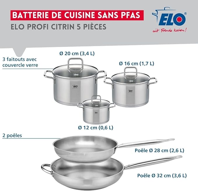 ELO 9509550 Cookware Set 5 Pieces 2 Frying Pans 28 and 32 cm and 3 Saucepans 12 16 and 20 cm Elo Profi Citrine Stainless Steel Induction