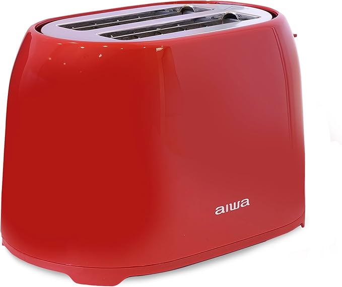 Aiwa Toaster 2 Slice Wide Slot Reheat and Defrost Function 6 Browning Settings Drop Down Crumb Tray Red