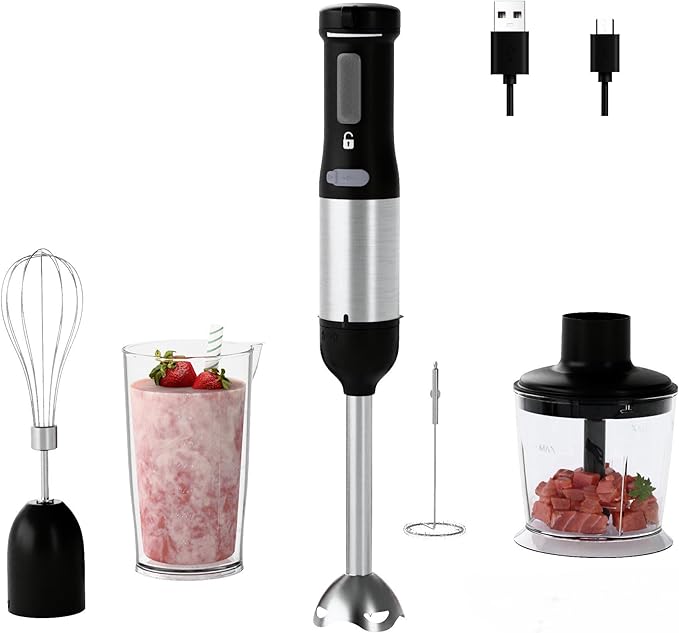 Cordless Immersion Hand Blender 5-in-1 Variable Speed blender handheldRechargeable with 2000mAh Battery BPA-Free &amp Dishwasher-Safe Accessories:700ml BeakerChopperWhisk &amp Milk FrotherInk