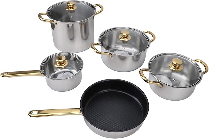 Stainless Steel Pots and Pans Set with Ergonomic Golden Handles Multifunctional Cooking Pots with Glass Lids Versatile Cookware Set for Kitchen Suitable for All Cooking Surfaces In