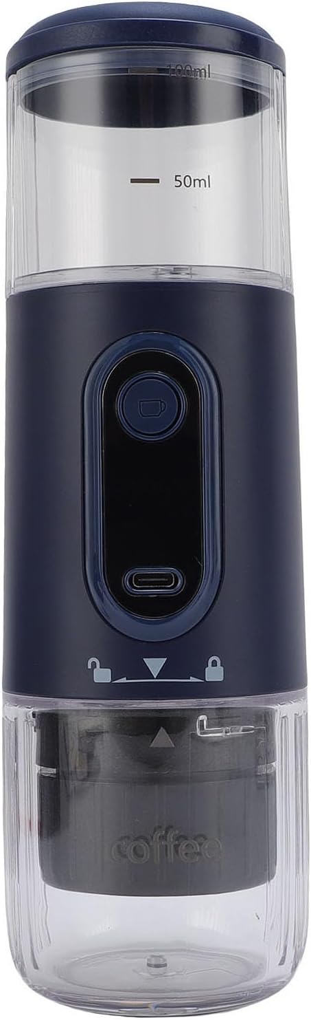SUNGOOYUE Portable Coffee Maker Rechargeable 2500mAh Battery with Type C Cable and Coffee Grounds Basket for Travel Camping Hiking Fishing Picnic and Office Use (Navy Blue)