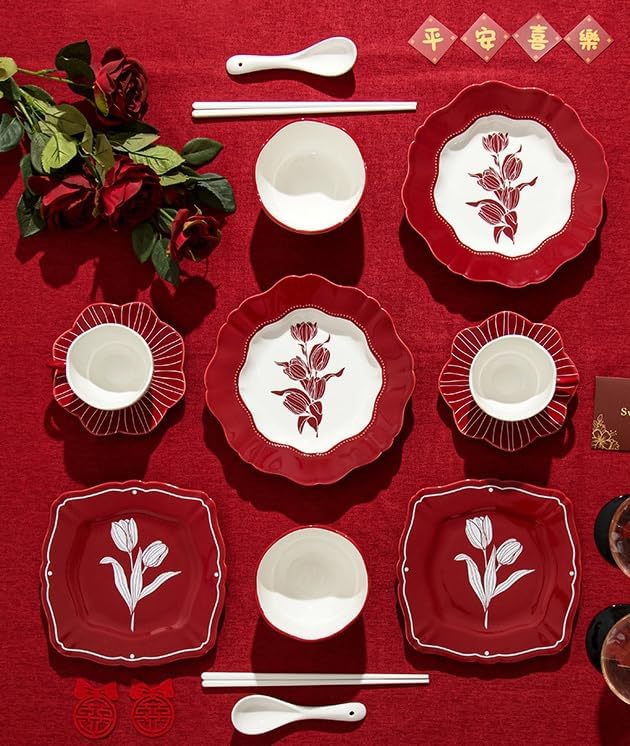 Red Tulip Ceramic Dinnerware Set 13-Piece with 4 Bowls and 4 Plates Vintage Floral Pattern Retro Style Tableware with Gift Box