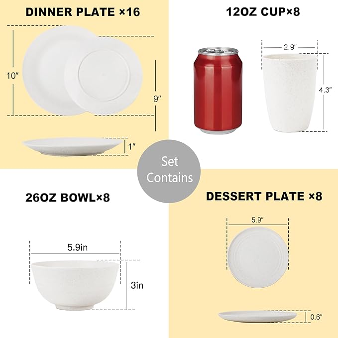 40 PCS Premium Wheat Straw Dinnerware Sets for 8 Unbreakable and Lightweight Dinner PlatesMicrowave Safe Plates and Bowls Sets for KitchenPicnic and PartyCereal &amp Salad BowlsWater Glasses(Bei