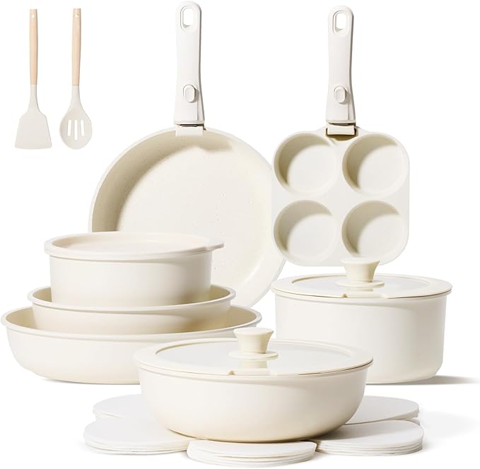 JEETEE Pots and Pans Set Non Stick 19pcs Kitchen Cookware Sets with Detachable Handle Induction Nonstick Cookware Set with Removable Handle Stackable RV Cookware Oven Safe PFAS/PFOA Free Beige