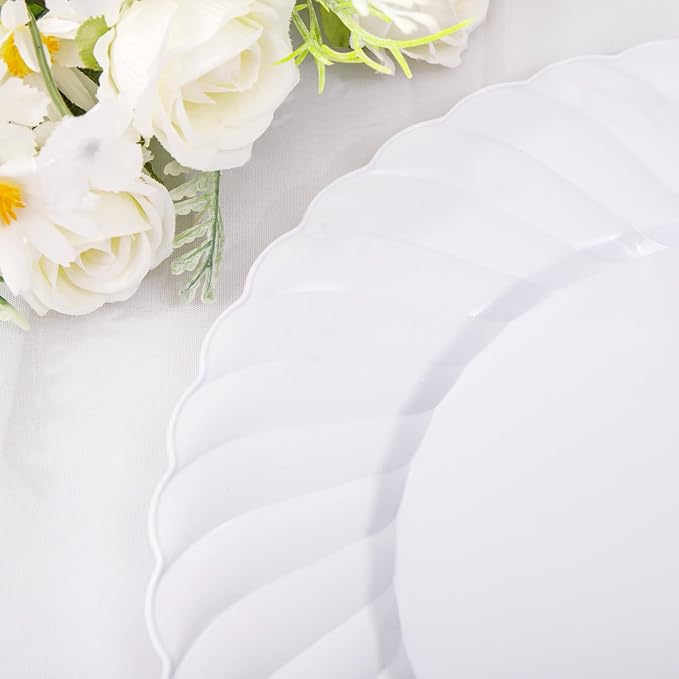 U-QE 100 Pieces White Plastic Plates - Premium White Disposable Plates for Wedding and Party Use Including 50PCS 9 '' Dinner Plate &amp 50PCS 6.5 '' Dessert Plate