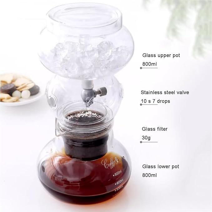 Iced Dripper Coffee Maker Smooth Slow Cold Drip Coffee Brewer with Adjustable Dripper 800ml Glass Pot Reusable Filter Ice Coffee or Iced Tea Makers Makes 4-6 Cups